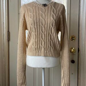 Light butter yellow and metallic gold cable knit sweater from the 1990s